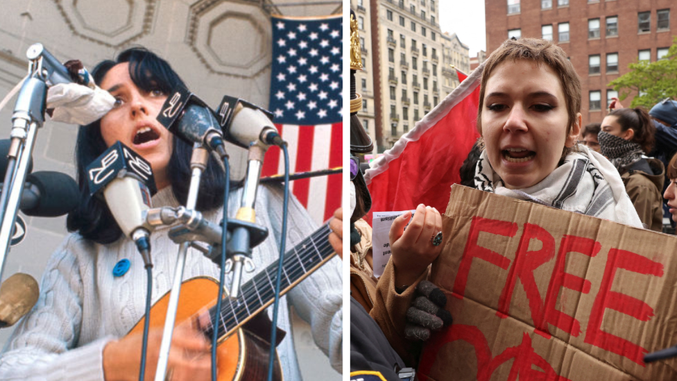 Levo - Pevačica Džoan Baez tokom protesta zbog rata u Vijetnamu 1968. godine; desno - demonstrantkinja protiv rata u Gazi u Njujorku, maj 2024.