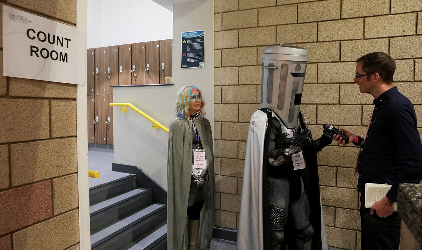 Count Binface speaks to journalists during the count for the Richmond and Northallerton constituency - 5 July 2024