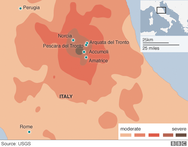 Карта с городами, пострадавшими от землетрясения в центральной Италии