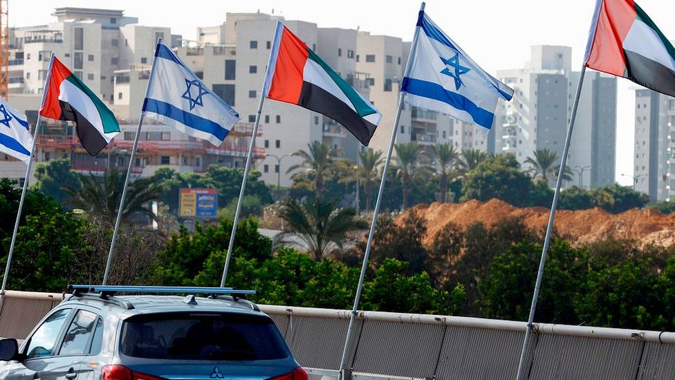 2020年8月16日，以色列海濱城市內坦亞街道兩旁插滿以色列和阿聯酋旗幟