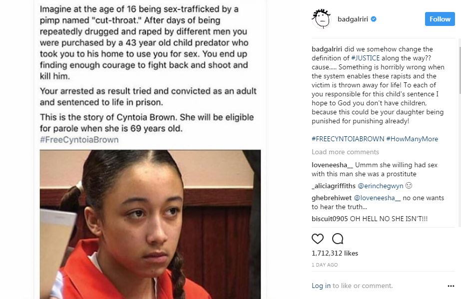 El mensaje de Rihanna en Instagram obtuvo más de 1,6 millones de "me gusta". Mensaje de Rihanna en Instagram.