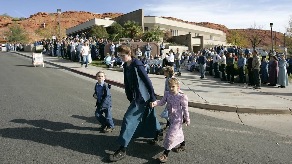 Mormons outside a courthouse in Salt Lake City.