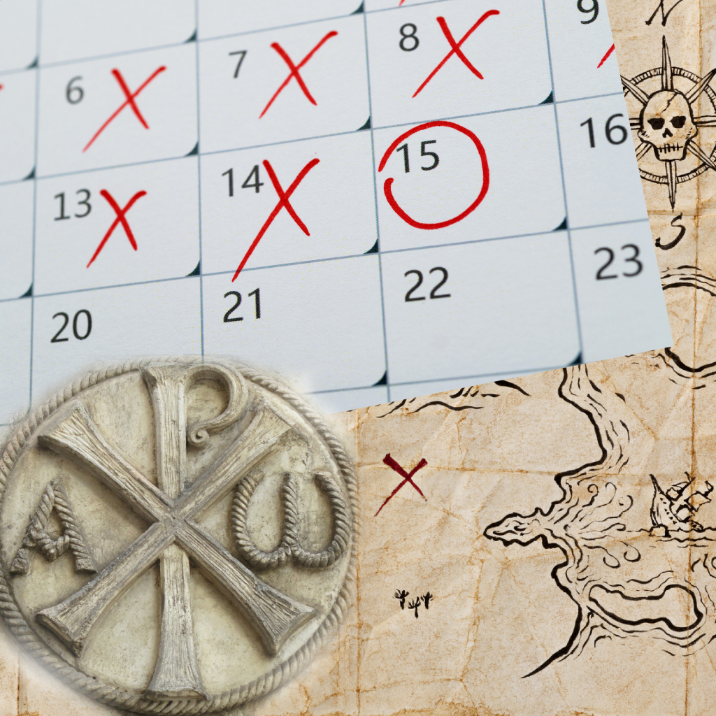 Calendario, mapa y símbolo religioso con x