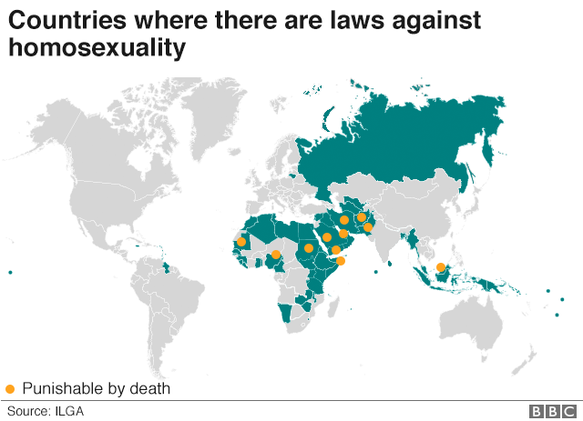 Карта, показывающая, где гомосексуализм является незаконным, а где карается смертью