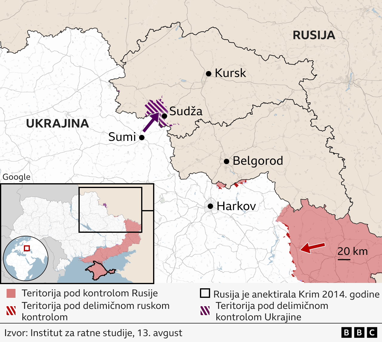 Mapa napredovanja ukrajinskih snaga u Rusiji