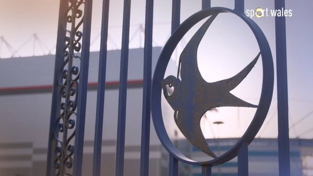 A bluebird logo in the gates at Cardiff City Stadium