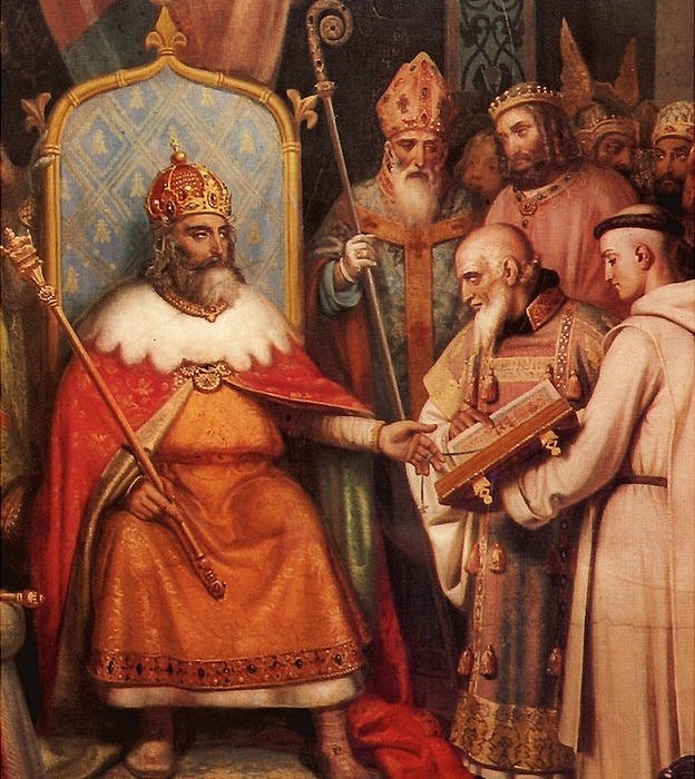 Alcuino mostrándole un libro a Carlomagno. Alcuino mostrándole un libro a Carlomagno.