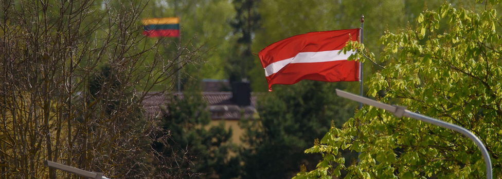 Граница между Латвией и Литвой с изображением флагов двух стран