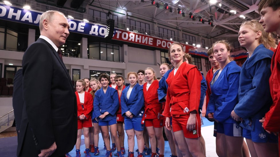 Russia's President Vladimir Putin meets with athletes at the Palace of Sambo in Krasnodar, Russia on March 7, 2024