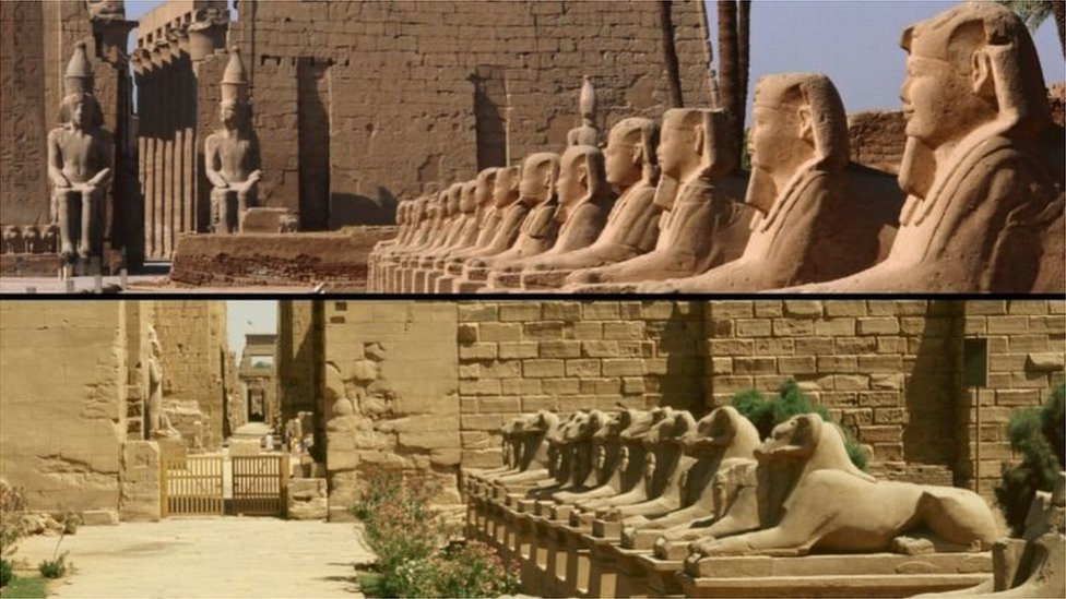 أعلى الصورة: تماثيل أبو الهول أمام معبد الأقصر. أسفل الصورة: تماثيل الكباش أمام معبد الكرنك.