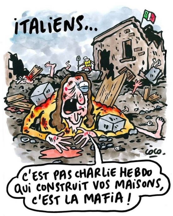 Карикатура, изображающая раненого, говорящего по-французски: «Это не Чарли Эбдо построил ваши дома, а мафия».