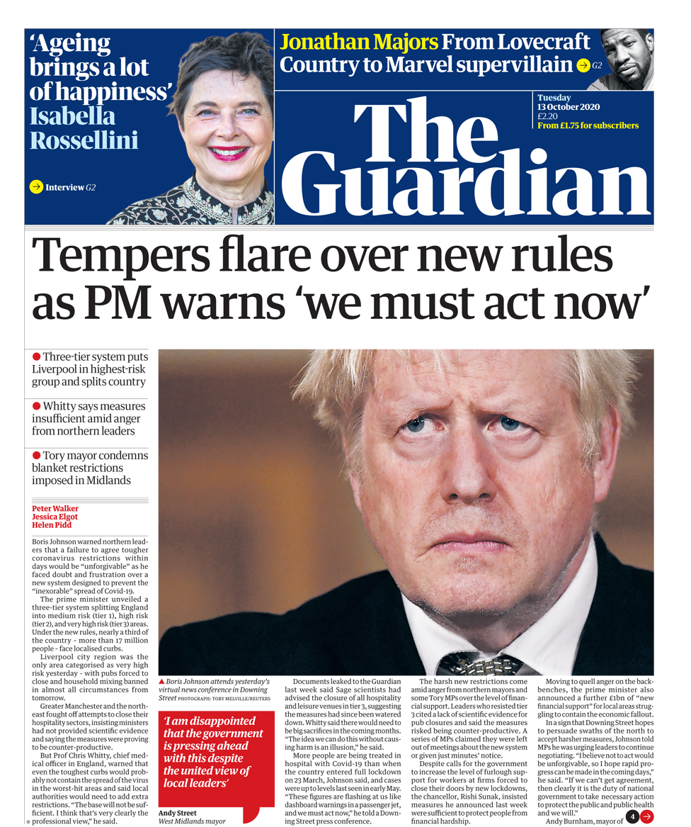 Guardian front page 13/10/20
