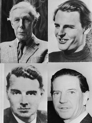 4 miembros del Círculo de Cambridge. En dirección de las agujas del reloj, arriba a la izquierda Anthony Blunt (1907 - 1983), Donald Duart Maclean (1913 - 1983), Kim Philby (1912 - 1988) y Guy Burgess (1911 - 1963). 4 miembros del Círculo de Cambridge