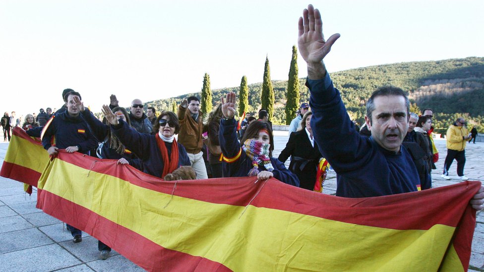 Фашистский салют отдается сторонниками испанского диктатора Франсиско Франко 17 ноября 2007 года у базилики Санта-Крус в Долине павших