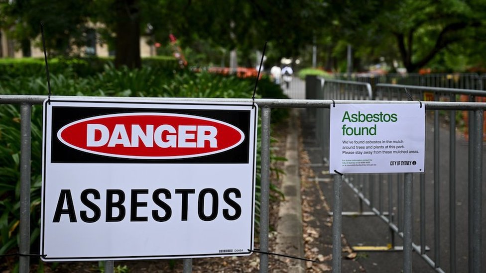 Asbestos signs are displayed at Victoria Park, where bonded asbestos was found in mulch, in Sydney, Australia, 14 February 2024. Fair Day, the rampant rainbow extravaganza headlining the first weekend of Sydney Mardi Gras, has been cancelled due to concerns over asbestos-tainted mulch.