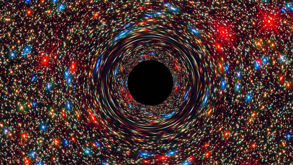 Esta simulación por computadora representa un agujero negro supermasivo en el centro de una galaxia. Simulación por computadora. Foto: NASA, ESA, D. Coe, J. Anderson, y R. van der Marel (STScI)