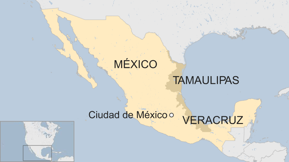 Un mapa de México con Tamaulipas y Veracruz resaltados