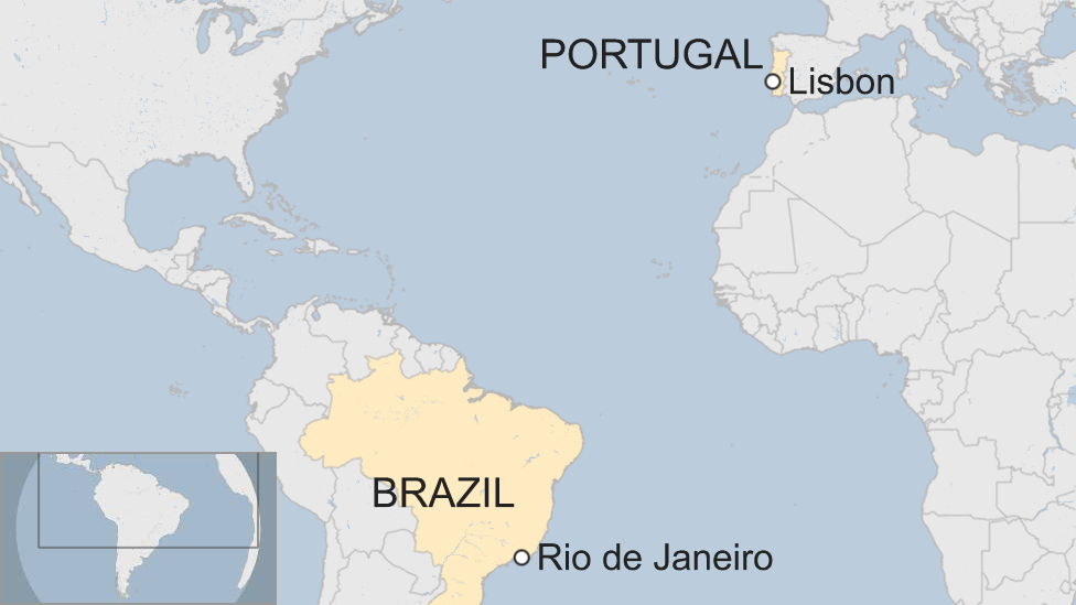 Карта, показывающая, где находятся Рио-де-Жанейро и Лиссабон