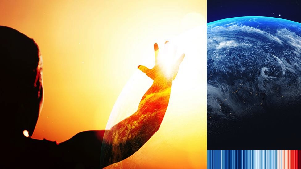 Gambar grafis yang menunjukkan seseorang melihat ke matahari dan di samping foto Bumi