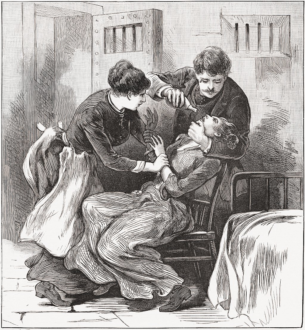 Una imagen de 1887 de la publicación estadounidense The National Police Gazette muestra a una reclusa siendo alimentada a la fuerza, una táctica que también se usaba con algunas chicas en ayunas.