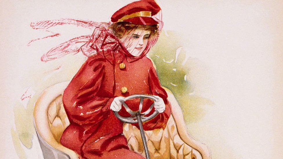 Desenho de mulher com véu dirigindo carro