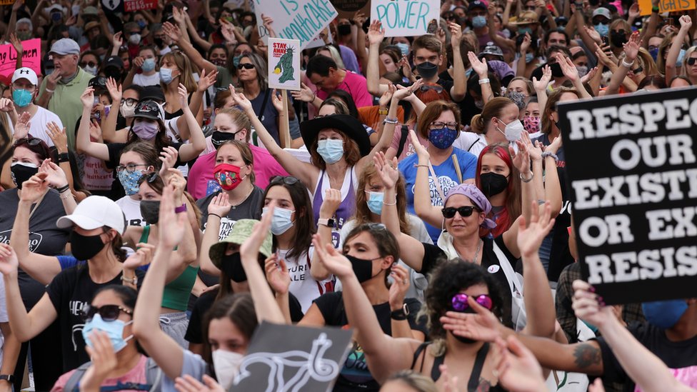 Protesters take part in the Women's March and Rally for Abortion Justice in Austin, Texas, on 2 October 2021