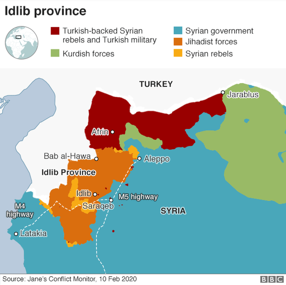 Карта, показывающая контроль над северо-западом Сирии (10 февраля 2020 г.)
