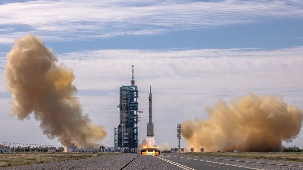 The Long March-2F carrier rocket, carrying the Shenzhou-12, takes off from the launch site at the Jiuquan Satellite Launch Center, in the Gobi Desert, Inner Mongolia, near Jiuquan, China, 17 June 2021.