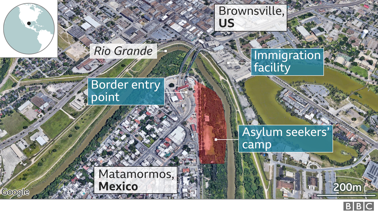 Map showing where a migrant camp is located in Matamoros, Mexico