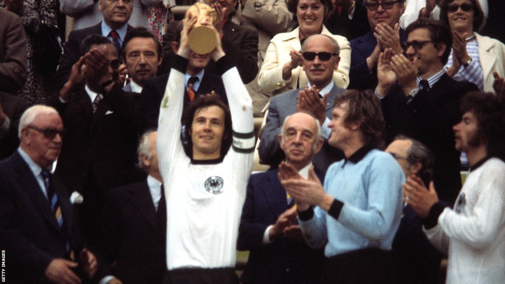 Franz Beckenbauer holds the World Cup trophy