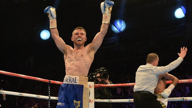 Frampton celebrates his victory over Chris Avalos in Belfast in February