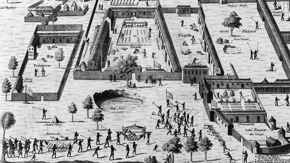 Centro de esclavos en Nigeria. Grabado de 1746