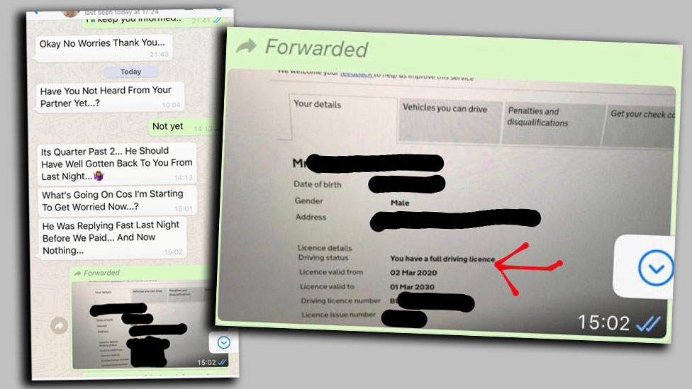 Скриншот беседы в WhatsApp и поддельный макет веб-страницы DVLA