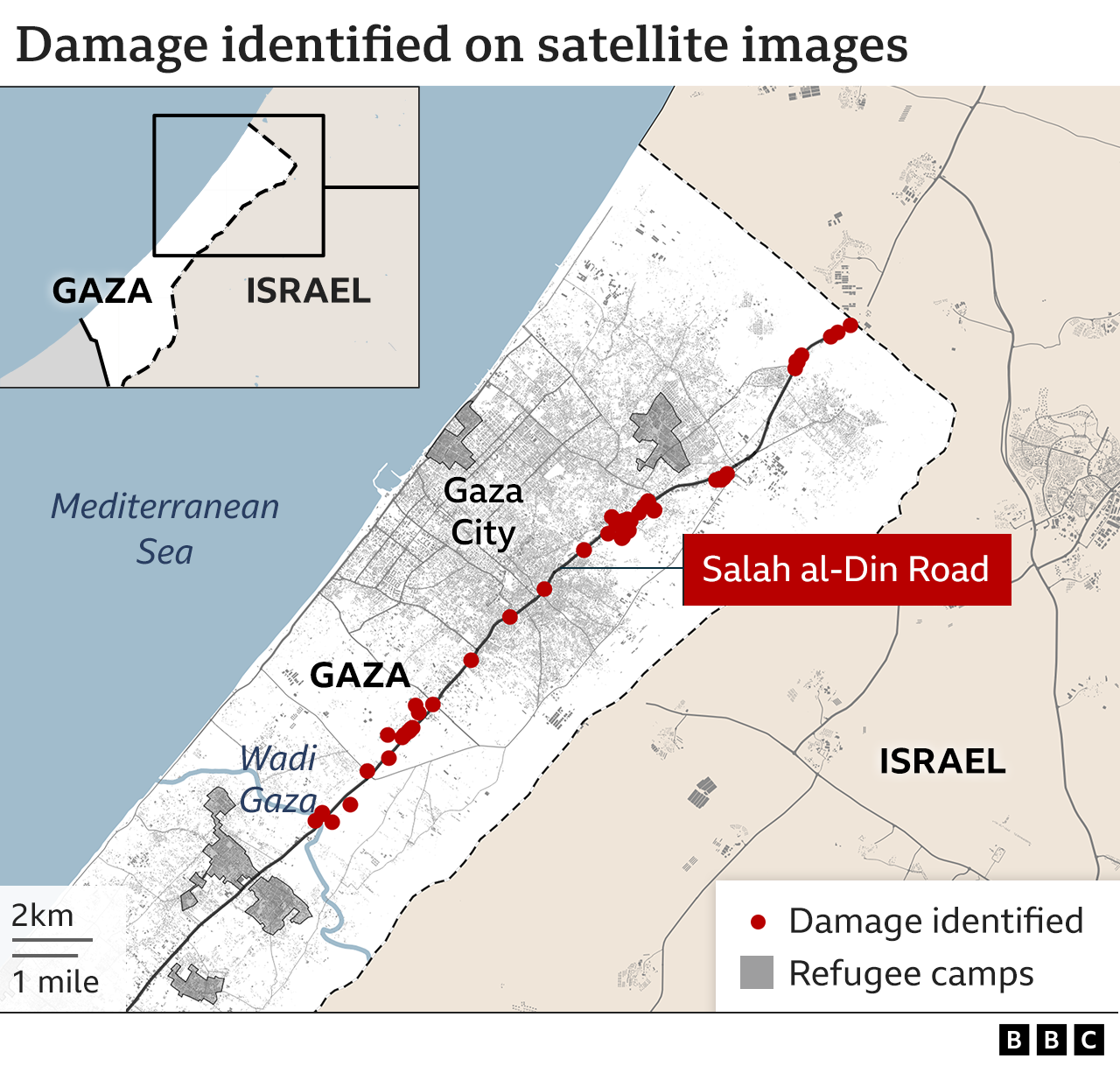 A map of Gaza showing Salah al-Din Road, the main evaucation routes from the north to below the Wadi Gaza down south, with damage identified along the road on satellite images
