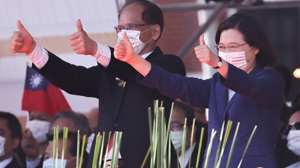 Taiwan"s President Tsai Ing-wen gives a thumbs up during the national day celebration in Taipei, Taiwan, October 10,2021