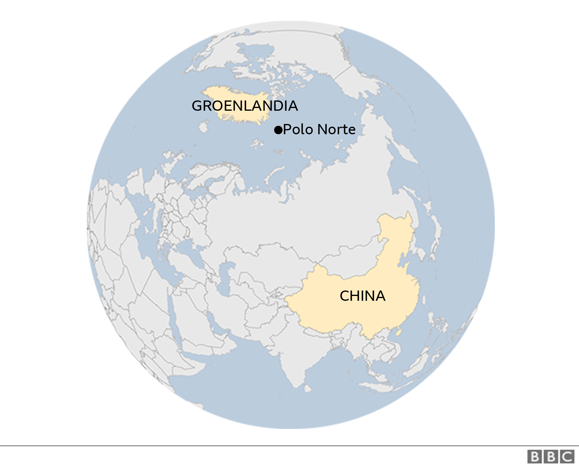 Mapa en el que se ve Groenlandia, China y el Polo Norte