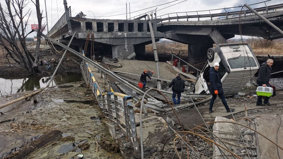 A bridge destroyed by Russian artillery in Irpin