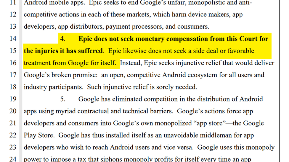 A highlighted portion of court documents shows a section reading "Epic does not seek monetary compensation"