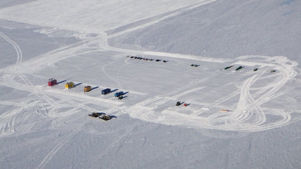 Aerial view of infrastructure at ski-way near Davis research station