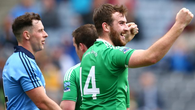 Sean Quigley celebrates after referee Padraig O'Sullivan awards Fermanagh's controversial first goal in the 2-23 to 2-15 All-Ireland quarter-final defeat by Dublin
