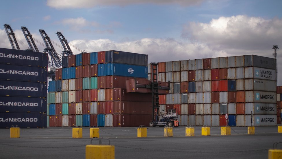 containers stacked on the dock at Felixstowe