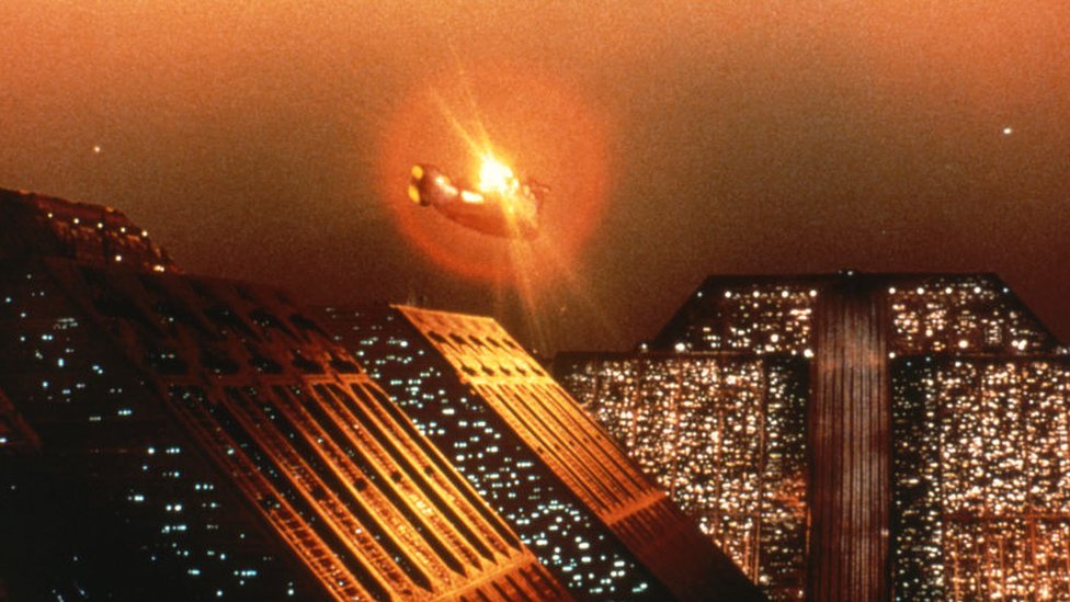 Scene from Blade Runner (1982) showing a flying car