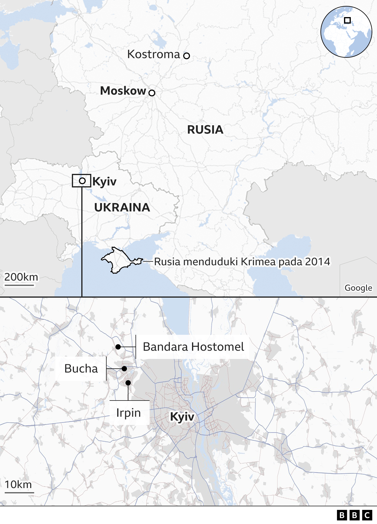 Sebuah peta menunjukkan wilayah Kostroma di Rusia, tempat resimen 331 bermarkas, dan Irpin, Bucha dan Hostomel, tempat mereka bertempur di Ukraina.