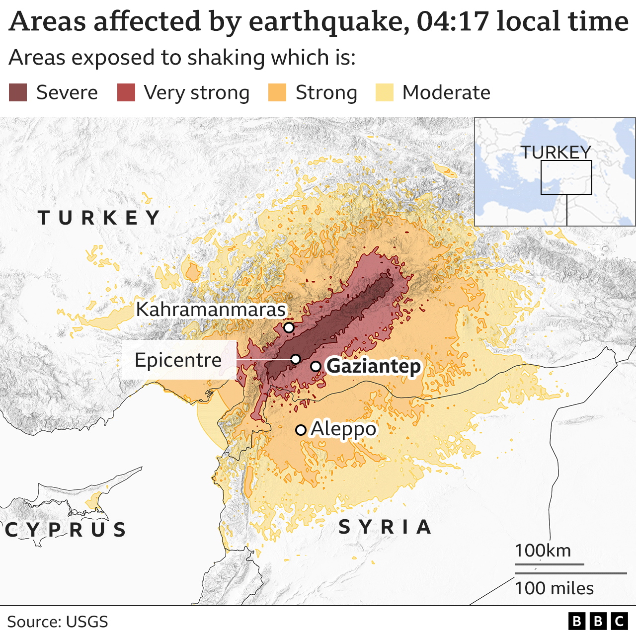 Wilayah terdampak gempa di sekitar Gaziantep