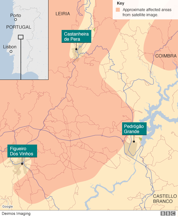 Карта сильнейшего пожара в Португалии