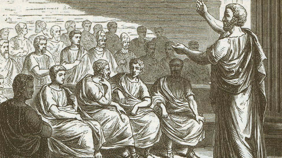 Dibujo de un discurso del gran orador griego Demóstenes.