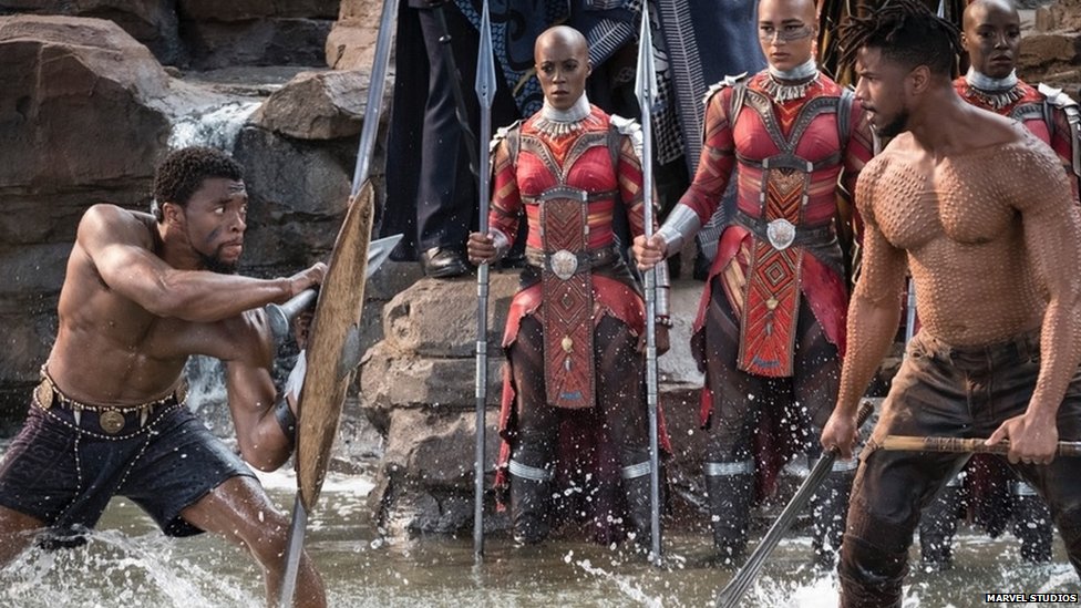 Chadwick Boseman and Michael B. Jordan face off in a scene from Black Panther