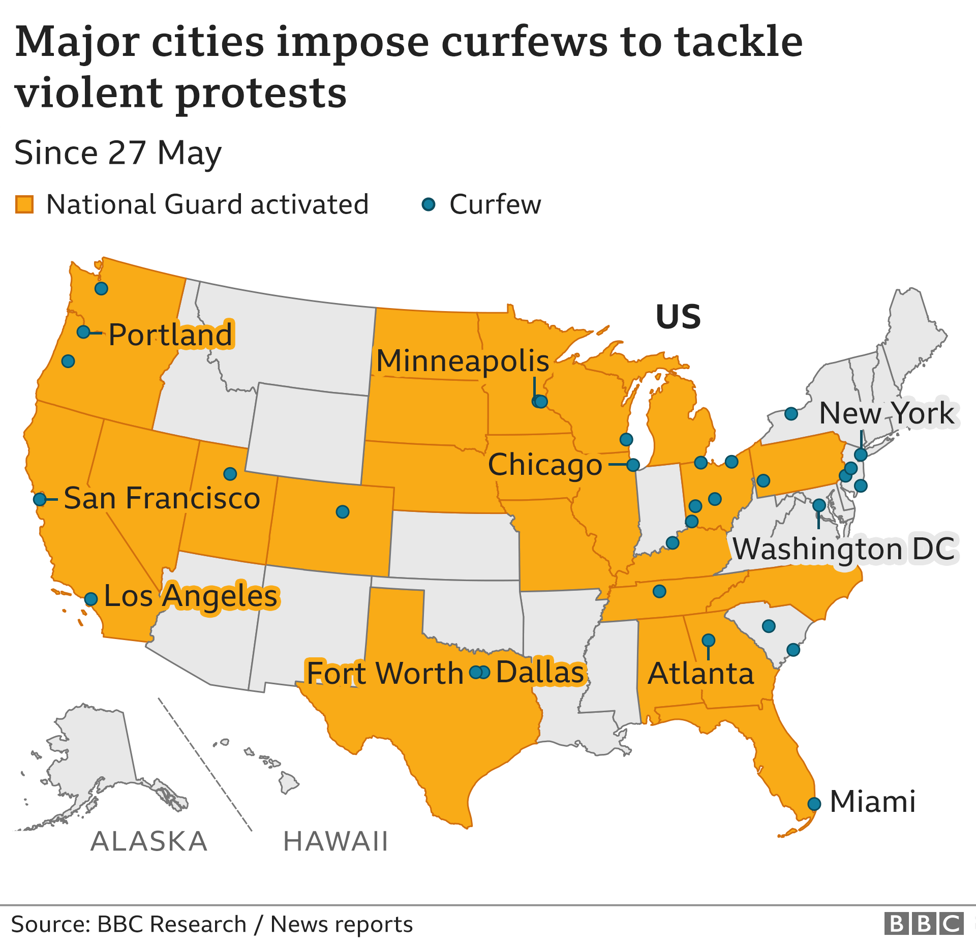 Карта крупных городов, в которых введен комендантский час в связи с распространением беспорядков по США