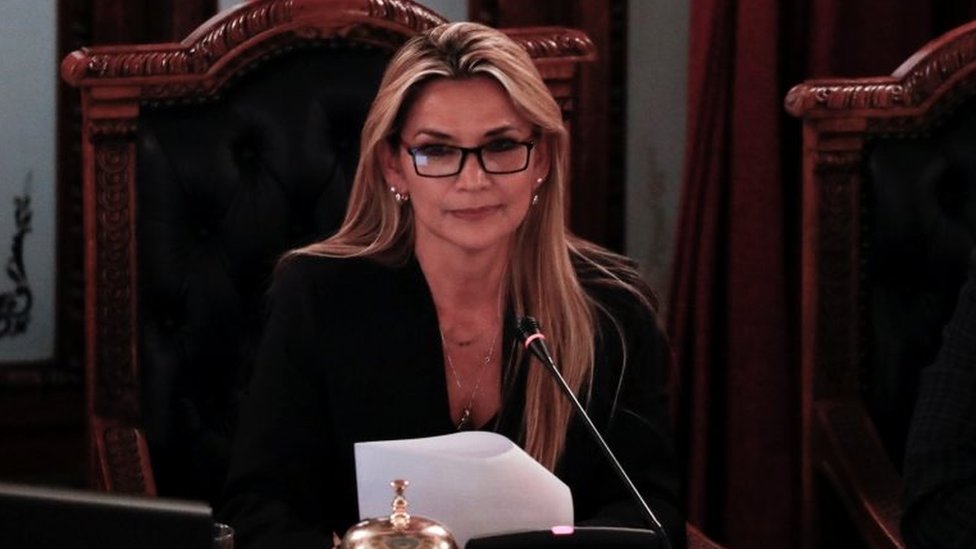 Сенатор Боливии Жанин Аньес зачитывает документ после того, как заявила, что вступает в должность временного президента Боливии, в Ла-Пасе, Боливия, 12 ноября 2019 г.