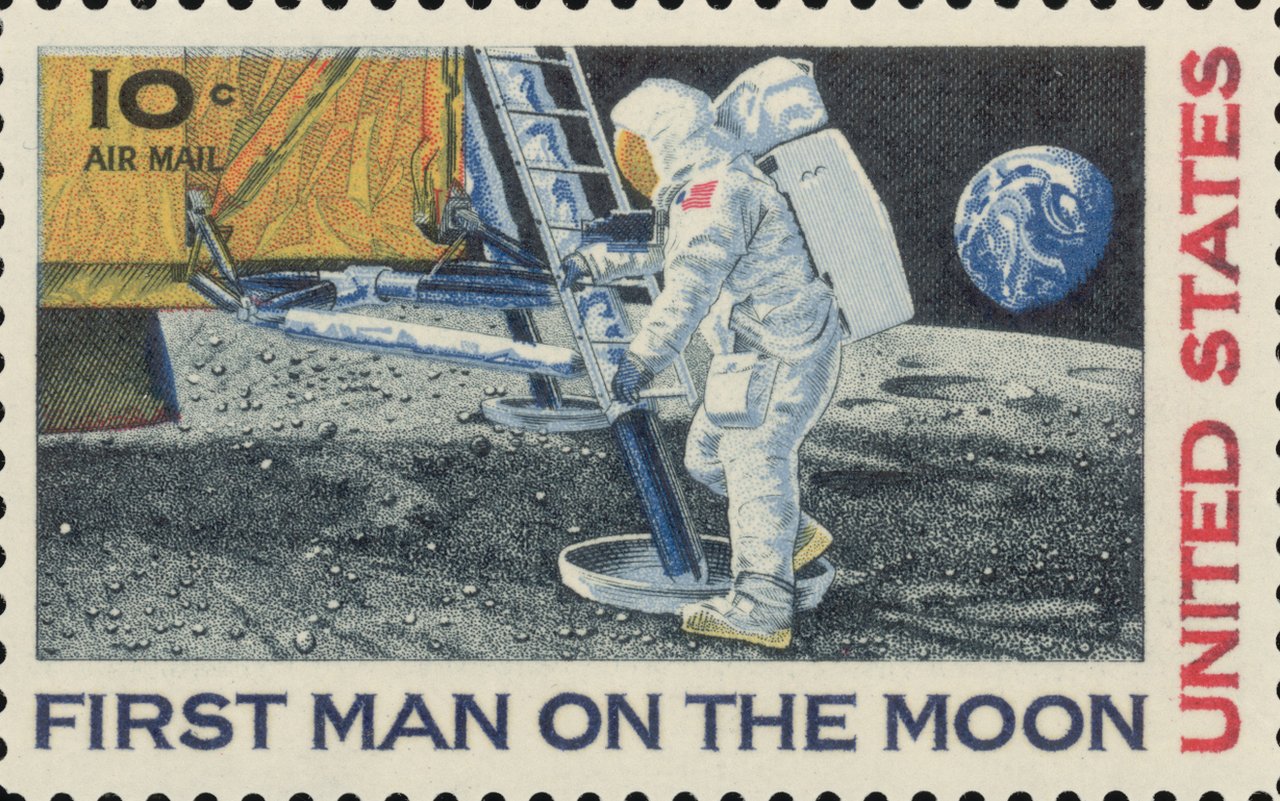 Imagen del sello conmemorativo de la llegada del hombre a la luna